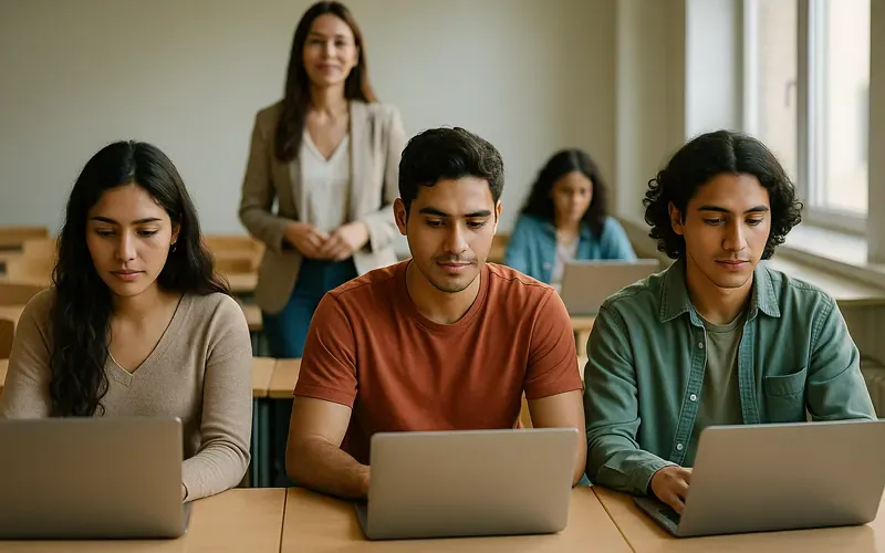Estudiantes universitarios con portátiles en un aula, con una profesora al fondo